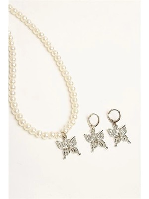 twingold Kelebek Tasarımlı Inci Boncuklu Kolye Küpe Takım