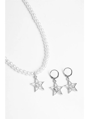 twingold Iç Içe Yıldız Tasarımlı Inci Boncuklu Kolye Küpe Takım