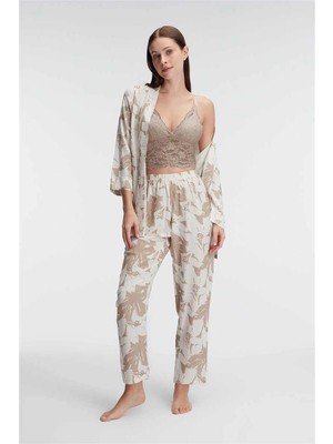 Lyyn Arias Closet Ip Askılı V Yaka Çiçek Desenli Yazlık Dokuma Dantel Detaylı Sabahlık Pijama Takımı