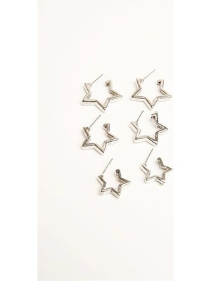 twingold Yıldız Tasarımlı Unısex Gümüş Renkli 3 Boy 3lü Küpe Seti