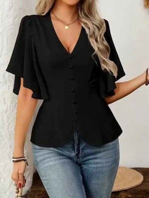 Defy Moda Kadın Kısa Kollu Önden Düğmeli Ithal Krep Bluz