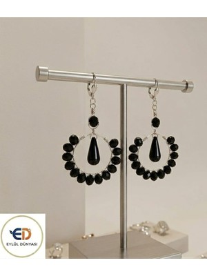 Eylül Dünyası El Yapımı- Siyah- Kristal Boncuklu Halka Küpe (9 Cm)
