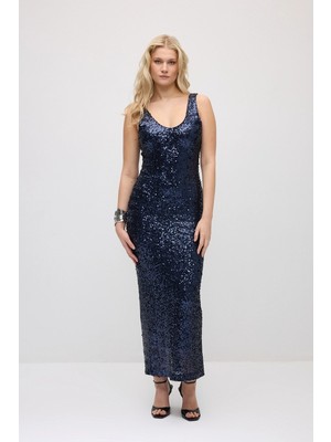 Gusto Askılı Pul Payet Uzun Premıum Abiye Elbise - Lacivert