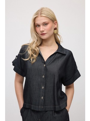Gusto Tencel Denim Kısa Gömlek - Lacivert
