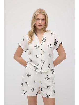 Gusto Nakışlı Keten Bluz - Ekru