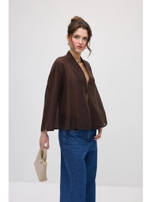 Gusto Agraflı Organze Ceket - Kahverengi