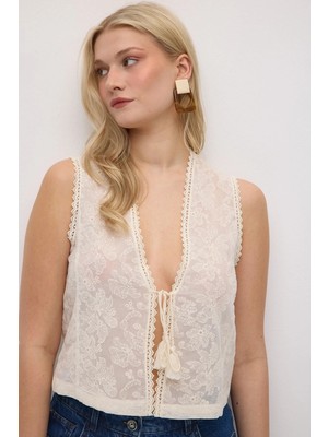 Gusto Pamuk Dantel Brode Yelek - Ekru