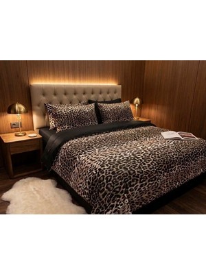 More Home  Çift Kişilik Yorgan Kılıfı + Yastık Kılıfı  (Çarşafsız) Leopar-Siyah