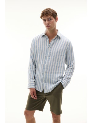 Regular Fıt Çizgili Keten Karışımlı Uzun Kollu Gömlek