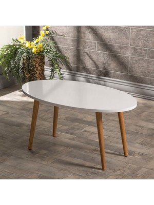 Gold Falez Mobilya Aksesuar Elips Orta Sehpa Ahşap Ayak Beyaz