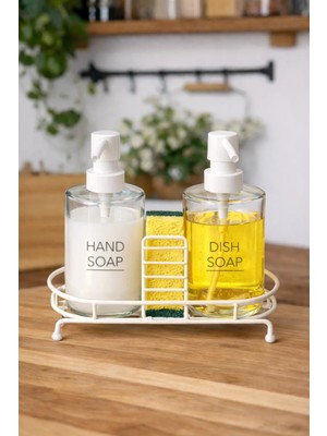 Tiran Cam Sıvı Sabunluk Seti 2’li – Beyaz Metal Standlı,  Mutfak & Banyo Sıvı Deterjan Dispenser Seti Süngerlikli