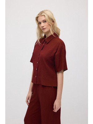 Gusto Kısa Kollu Krinkıl Bluz - Bordo