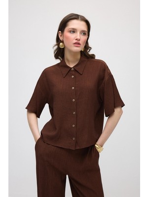Gusto Kısa Kollu Krinkıl Bluz - Kahverengi