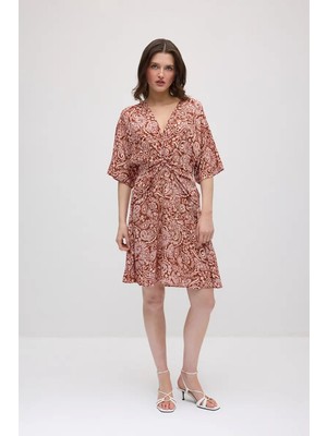 Gusto Önü Düğümlü Viskon Elbise - Kiremit