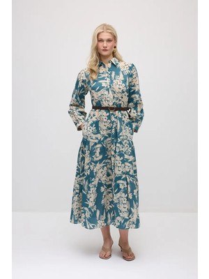 Gusto Desenli Koton Gömlek Elbise - Yeşil