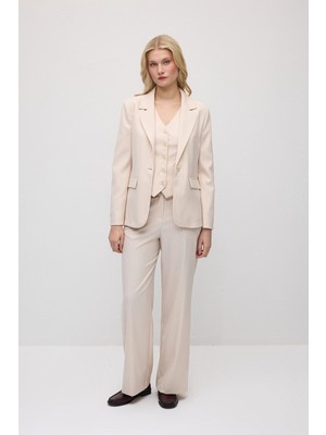 Gusto Silik Çizgili Bol Paça Kumaş Pantolon - Pudra
