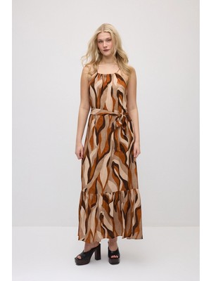 Gusto Beli Kemerli Boyundan Bağlı Desenli Uzun Elbise - Turuncu