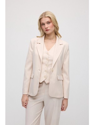 Gusto Tek Düğmeli Silik Çizgili Blazer Ceket - Pudra