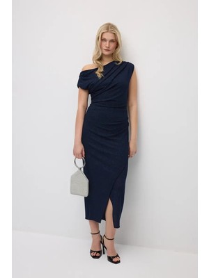 Gusto Asimetrik Omuzlu Simli Abiye Elbise - Lacivert
