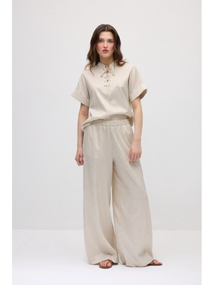 Gusto Bol Paça Beli Lastikli Lyocell Pantolon - Bej