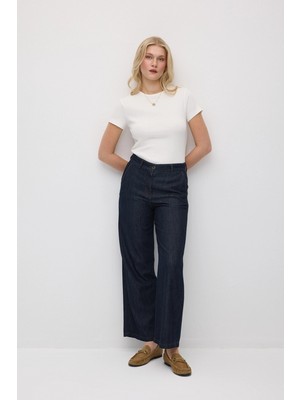 Gusto Bol Paça Tencel Denim Pantolon - Lacivert