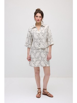 Gusto Nakışlı Koton Kısa Gömlek  - Ekru