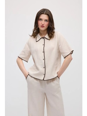 Gusto Nakışlı Müslin Pamuk Gömlek - Bej