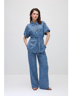 Gusto Kendinden Desenli Bol Paça Viskon Pantolon - Mavi