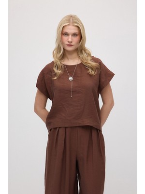 Gusto Yuvarlak Yaka Tencel Bluz - Kahverengi