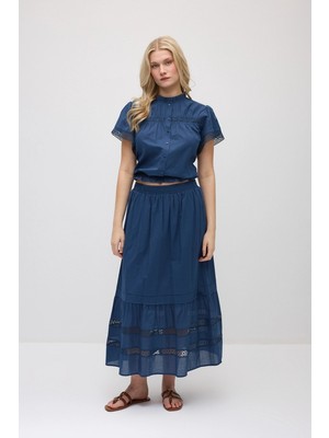 Gusto Dantel Detaylı Koton Uzun Etek - Lacivert