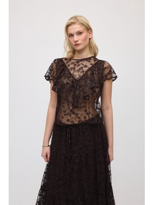 Gusto Kısa Kollu Dantel Bluz - Kahverengi