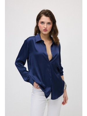 Gusto Ipeksi Saten Klasik Kesim Saten Gömlek - Lacivert