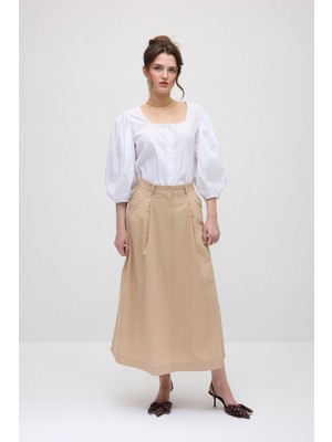 Gusto Pilikaşeli Uzun Koton Etek - Bej