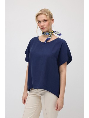 Gusto Yuvarlak Yaka Tencel Bluz - Lacivert