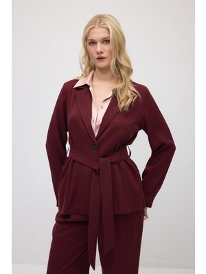 Gusto Beli Kemerli Tencel Ceket - Bordo