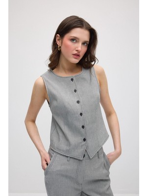 Gusto Yuvarlak Yaka Viskon Keten Yelek - Gri