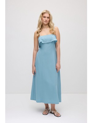 Gusto Askılı Önü Volanlı Uzun Pamuk Keten Elbise - Mavi