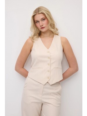 Gusto Silik Çizgili Klasik Yelek - Pudra