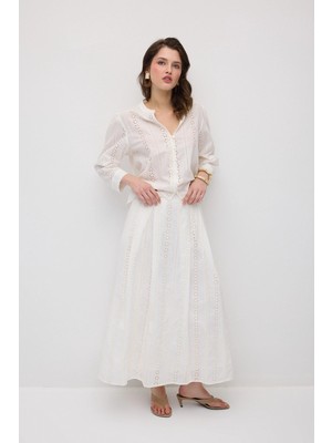 Gusto Pilikaşeli Brode Koton Etek - Beyaz