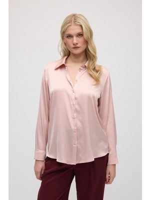 Gusto Ipeksi Saten Klasik Kesim Saten Gömlek - Pembe