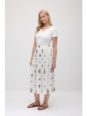 Gusto Nakışlı Pilikaşe Keten Etek - Ekru