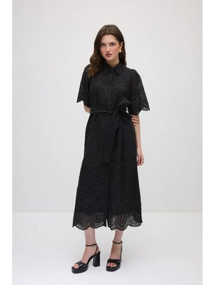 Gusto Brode Pamuklu Uzun Gömlek Elbise - Siyah