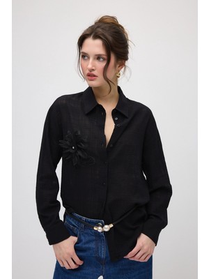 Gusto Çiçek Aplikeli Pamuklu Gömlek - Siyah