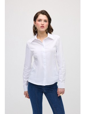 Gusto Pamuk Likra Manşeti Nakış Detaylı Gömlek - Beyaz