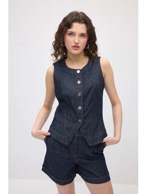 Gusto Yuvarlak Yakalı Denim Yelek - Lacivert