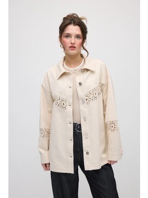 Gusto Dantel Garnili Rahat Kesim Kanvas Ceket - Bej