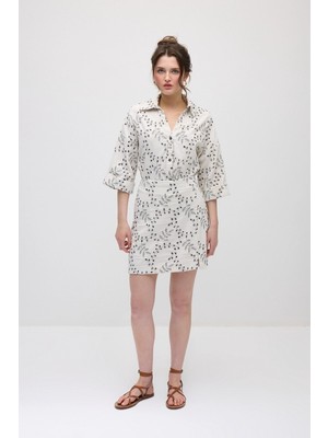 Gusto Nakışlı Koton Mini Etek - Ekru