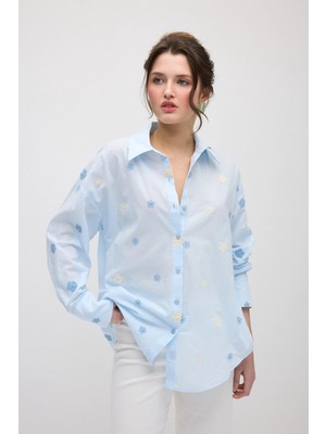 Gusto Çiçek Nakışlı Koton Gömlek - Mavi