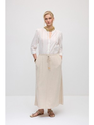 Gusto Beli Lastikli Keten Uzun Rahat Kesim Etek - Bej