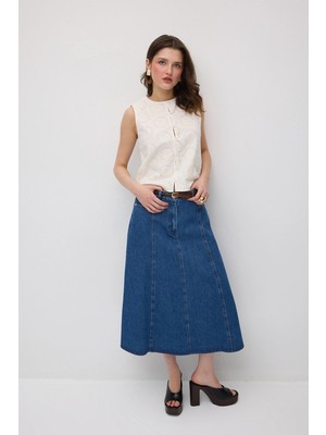 Gusto Örgü Kemerli Midi Denim Etek - Mavi